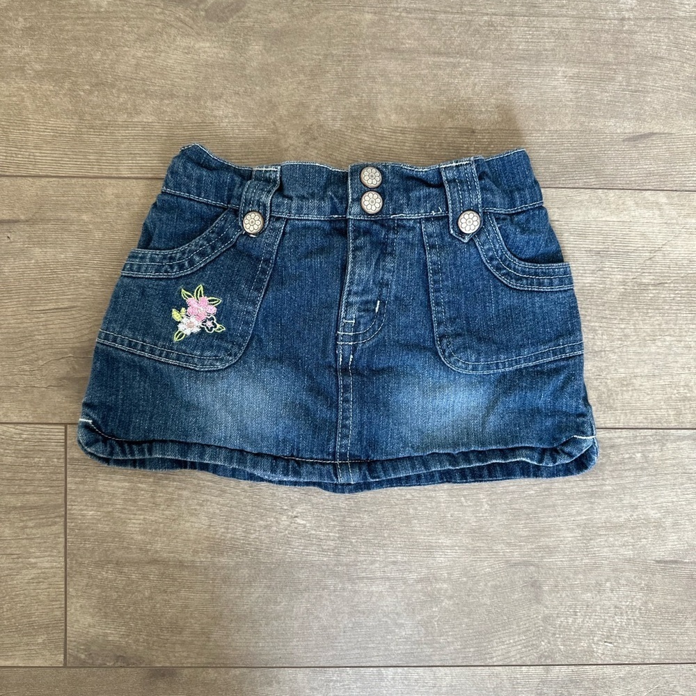 Vintage Denim Jean Skort Skirt Floral Embroidered Accent Cherokee Baby Girl 24 M